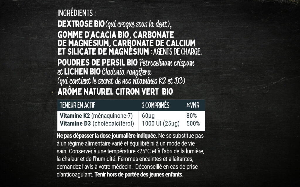 k2+d3, le duo essentiel vegan d'origine naturelle – 90 comprimés à croquer goût citron vert