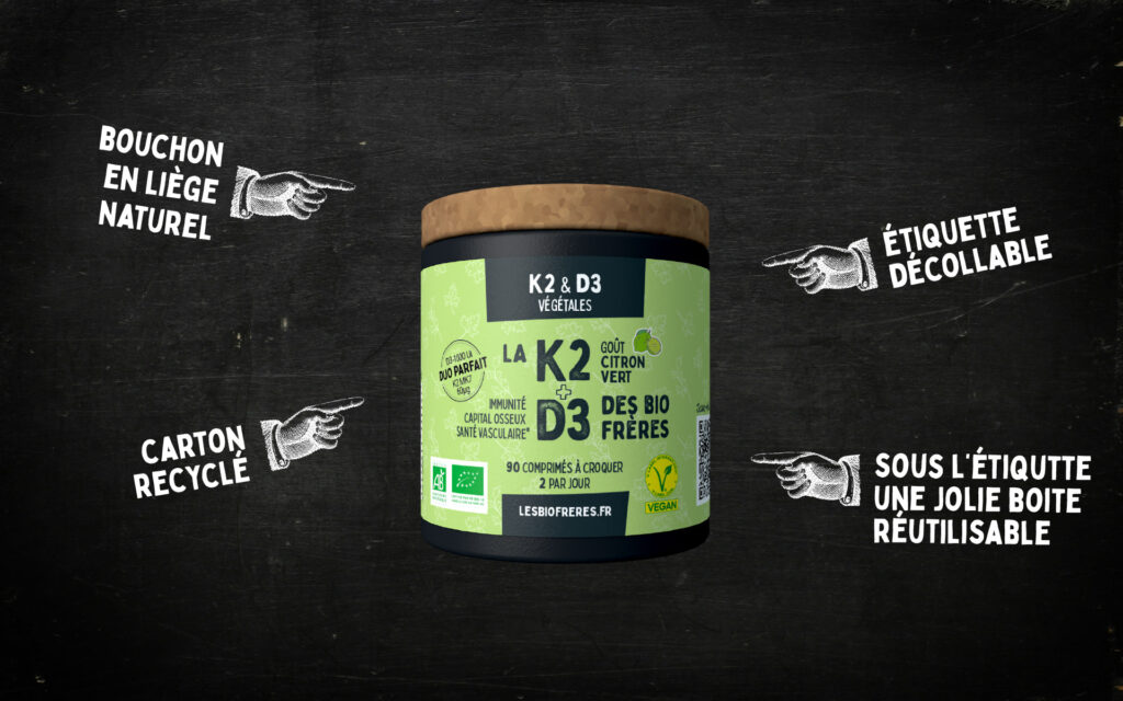 k2+d3, le duo essentiel vegan d'origine naturelle – 90 comprimés à croquer goût citron vert